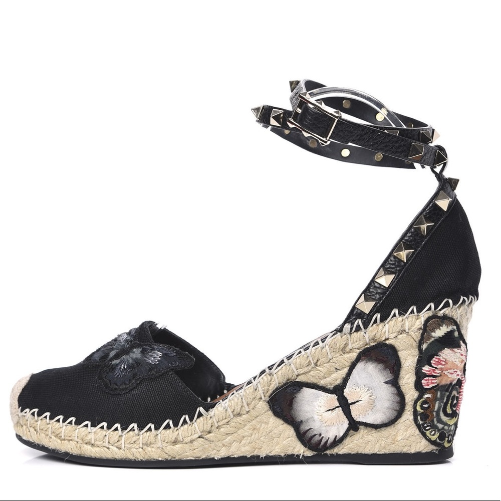 RARE Valentino Rockstud Embroidered Butterfly Canvas Espadrille Wedge Sandals